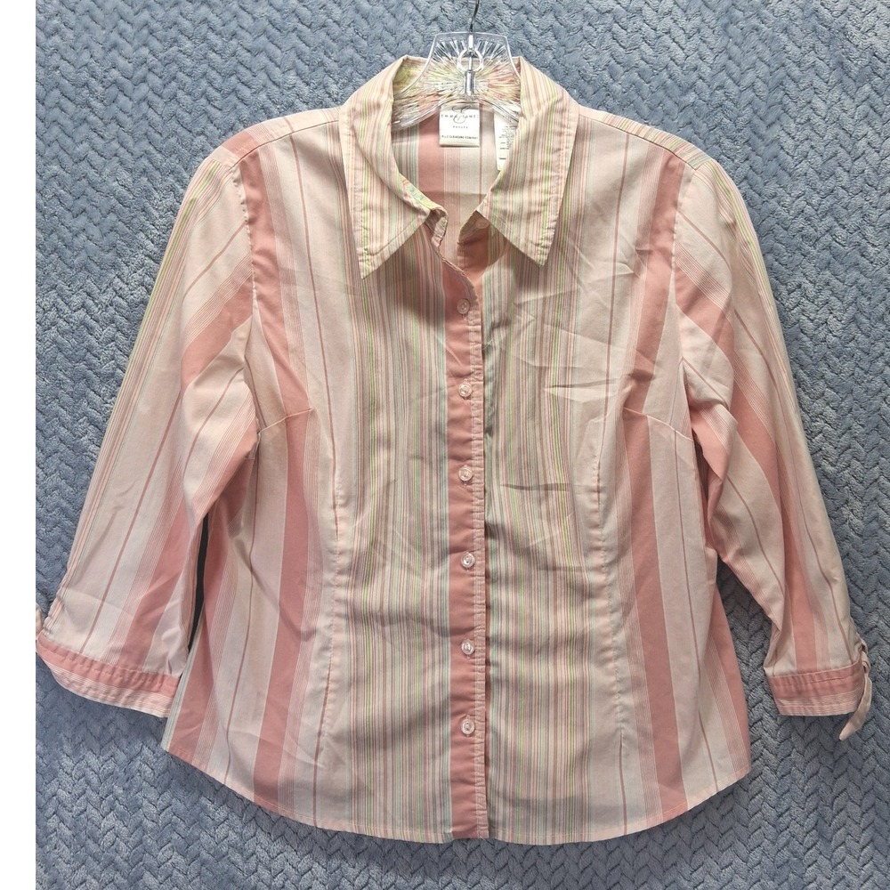 Emma James Petite Striped Button Down Shirt Pink Cream 3/4 Tie Sleeve Blouse